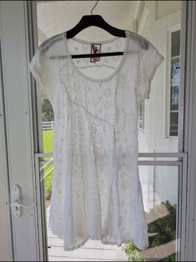Johnny Was White Embroidered Floral Eyelet Tunic Blouse